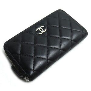 Chanel Quilted Small Zip Wallet Long Wallet Round Zipper Black